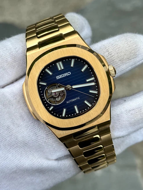Nautilus Mod: Gold Black Blue Wave Dial - Seiko NH38 Open Heart