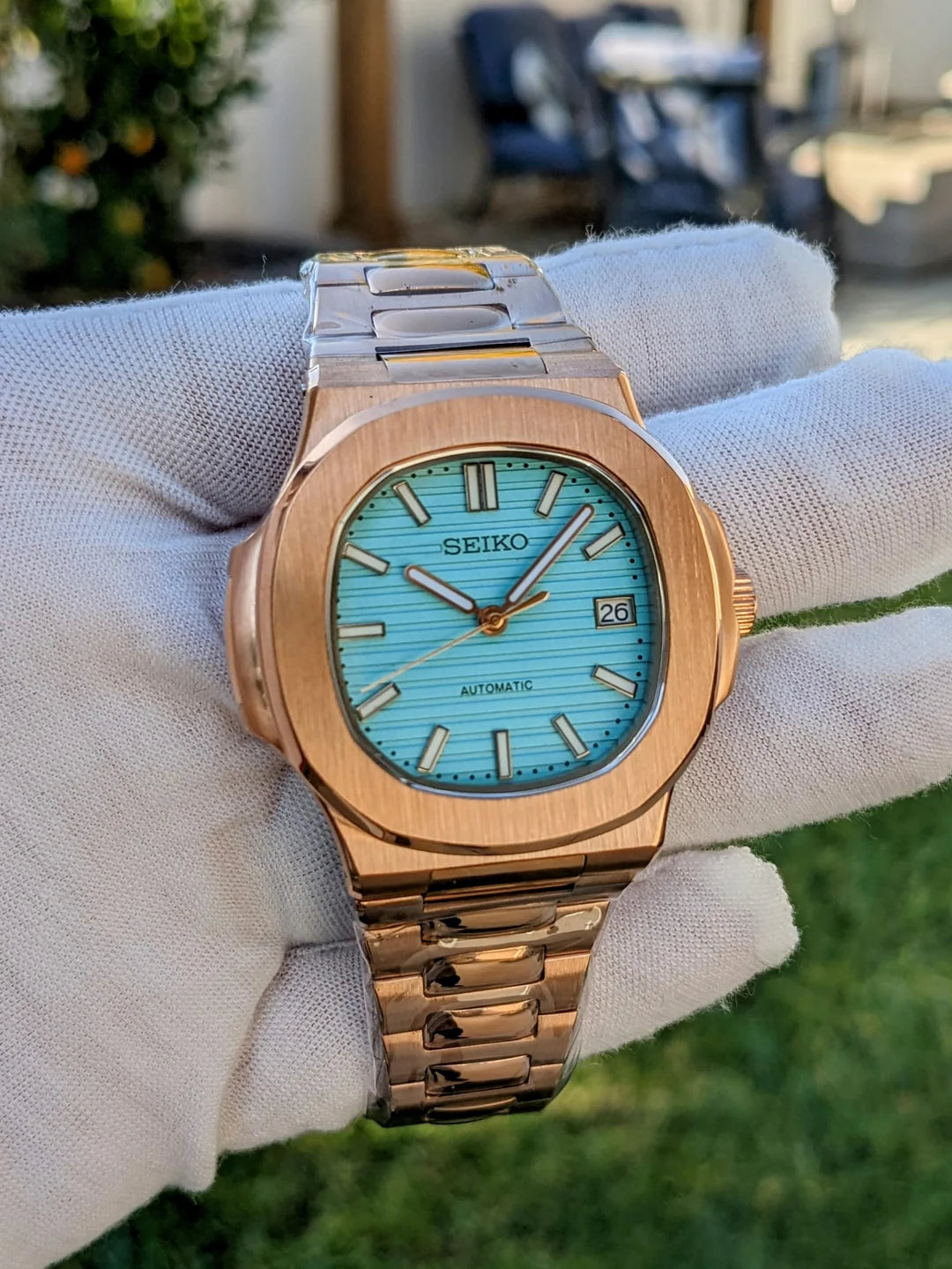 Custom Nautilus Mod: Rose Gold "Tiffany" - Seiko NH35 Auto - Sapphire/Exhibition