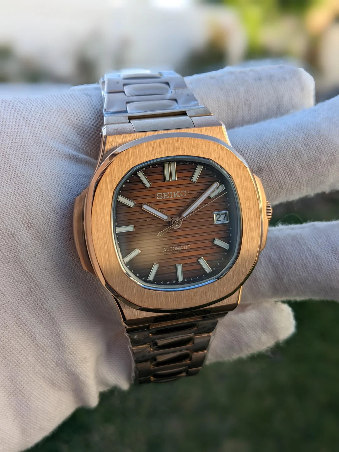 Nautilus Mod: Rose GoldCOFFEE Wave Dial - Seiko NH35 Automatic