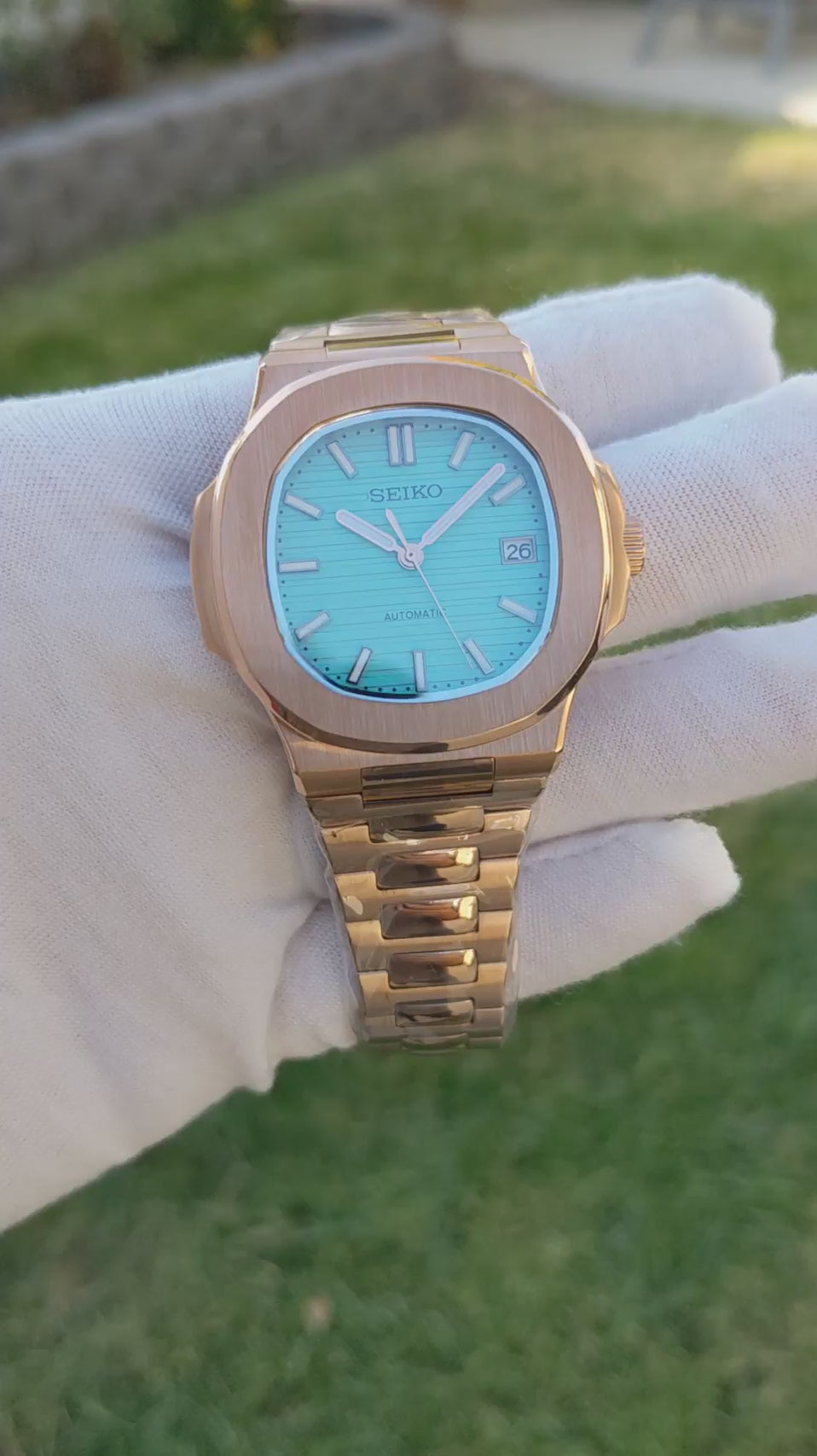 Custom Nautilus Mod: Rose Gold "Tiffany" - Seiko NH35 Auto - Sapphire/Exhibition