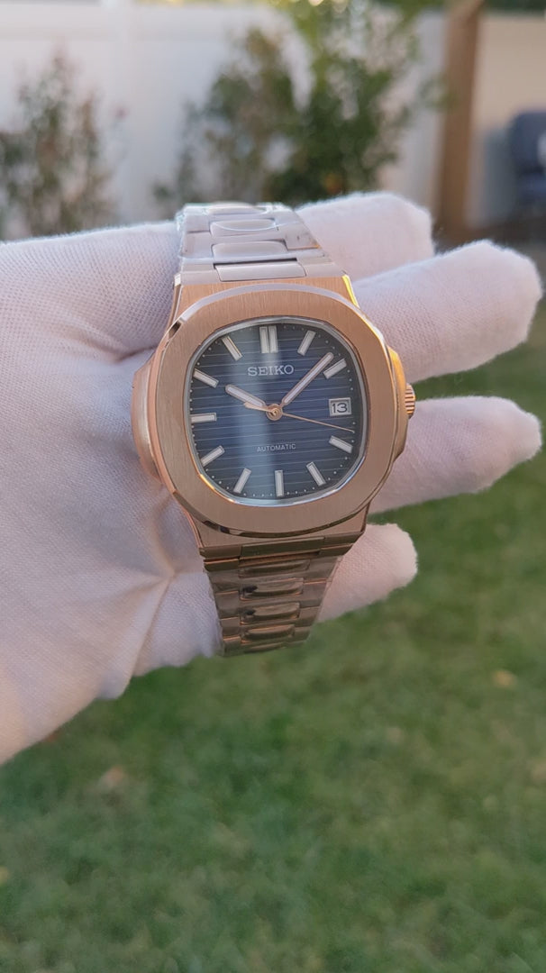 Nautilus Mod: Rose Gold Dark Blue Gradient Wave Dial - Seiko NH35 Auto